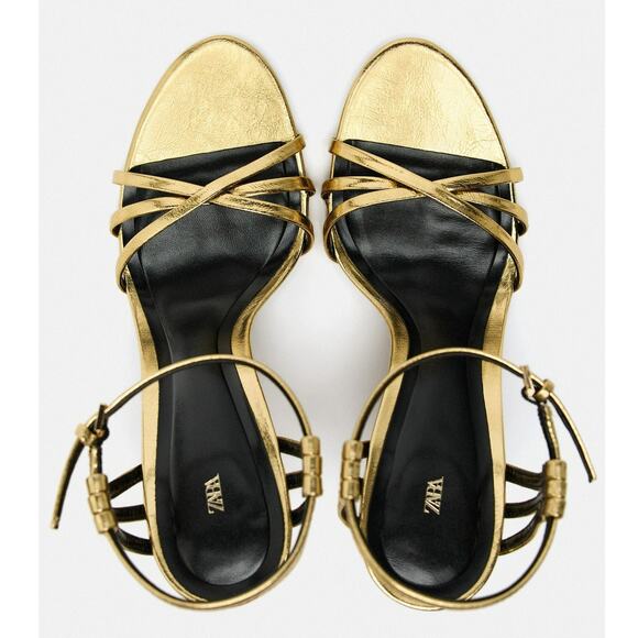 Zara Metallic Gold Strappy Heels Glam Night Out Size 39 4.5" Heel - Picture 14 of 14